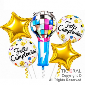 SET DE GLOBOS METALIZADO MICROFONO MULTICOLOR 5 UNIDADES